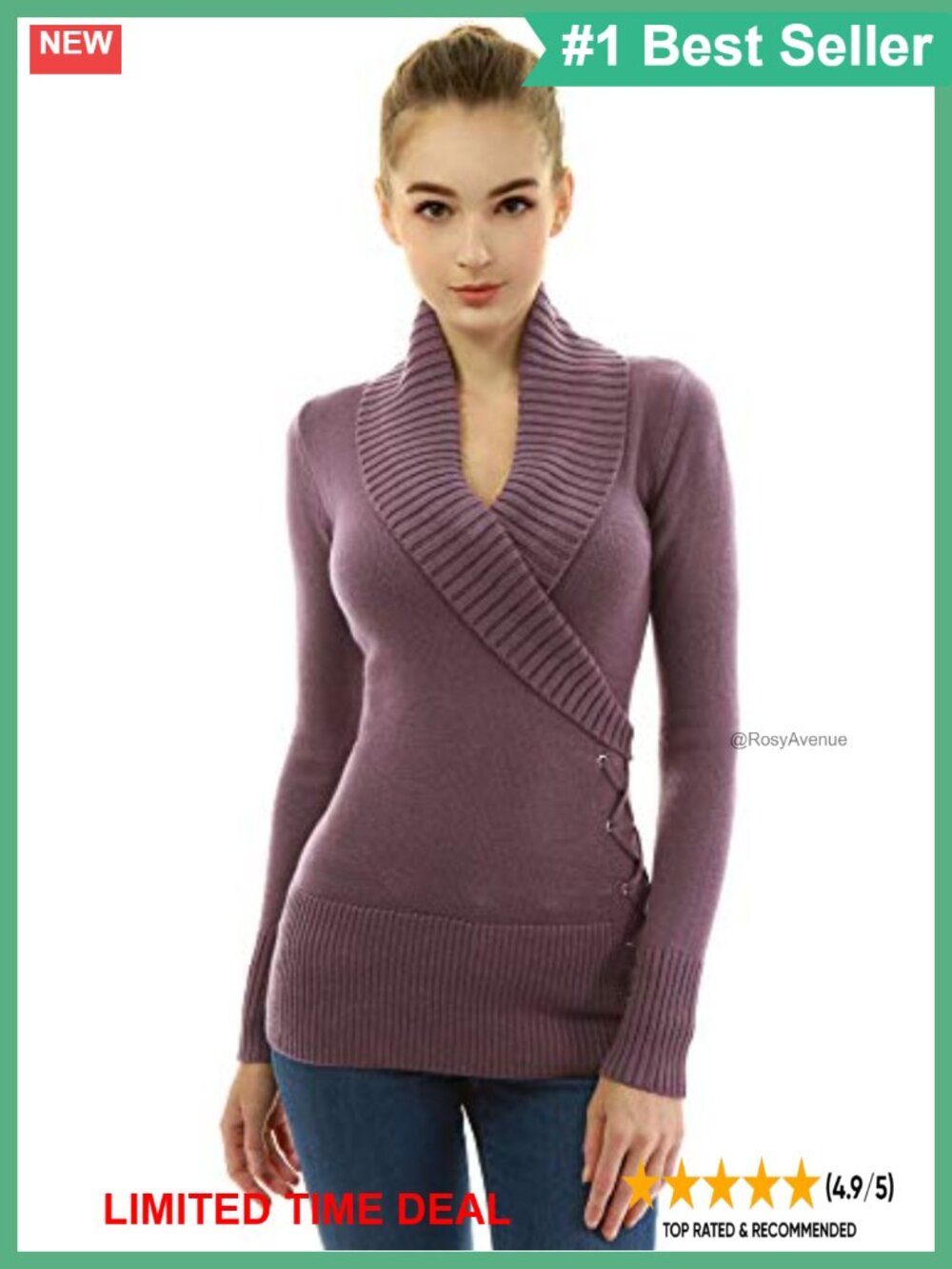 Slim Fit Shawl Collar Faux Wrap Lace Up Long Sleeve Acrylic Sweater